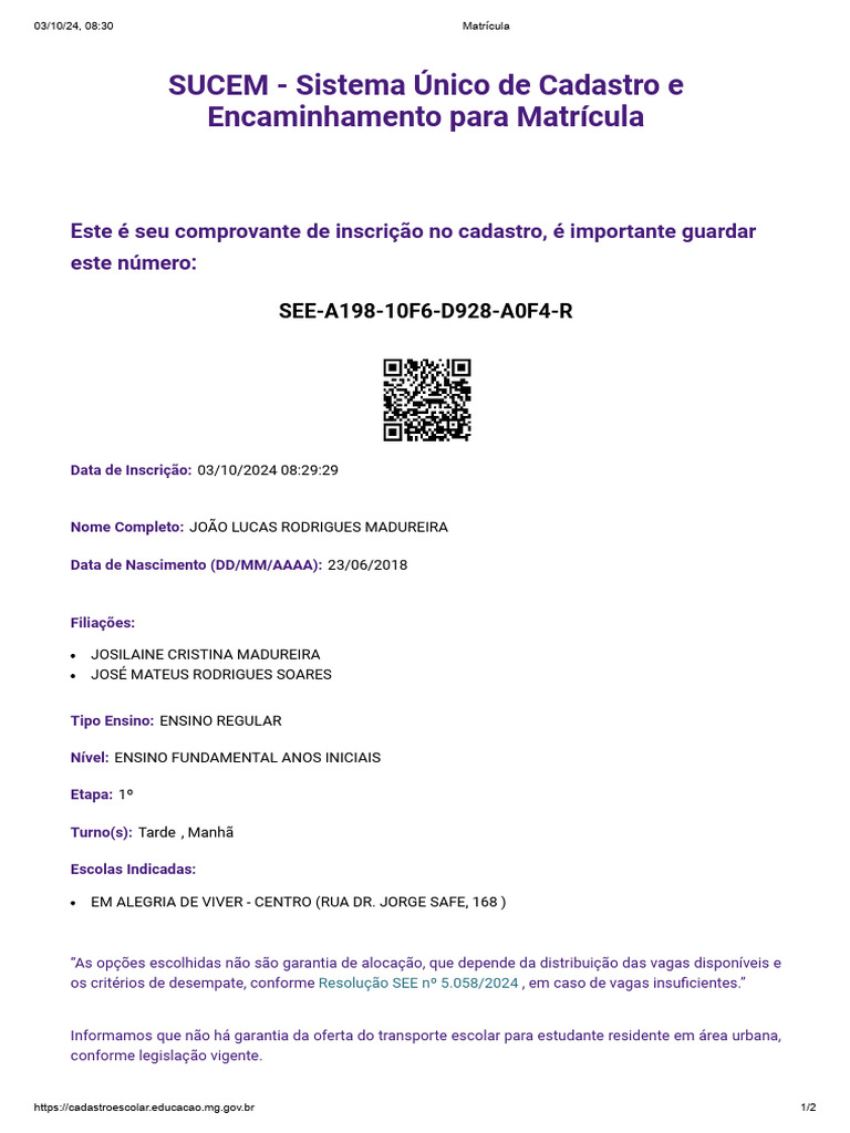 Inscrição para Matrícula no SUCEM | PDF