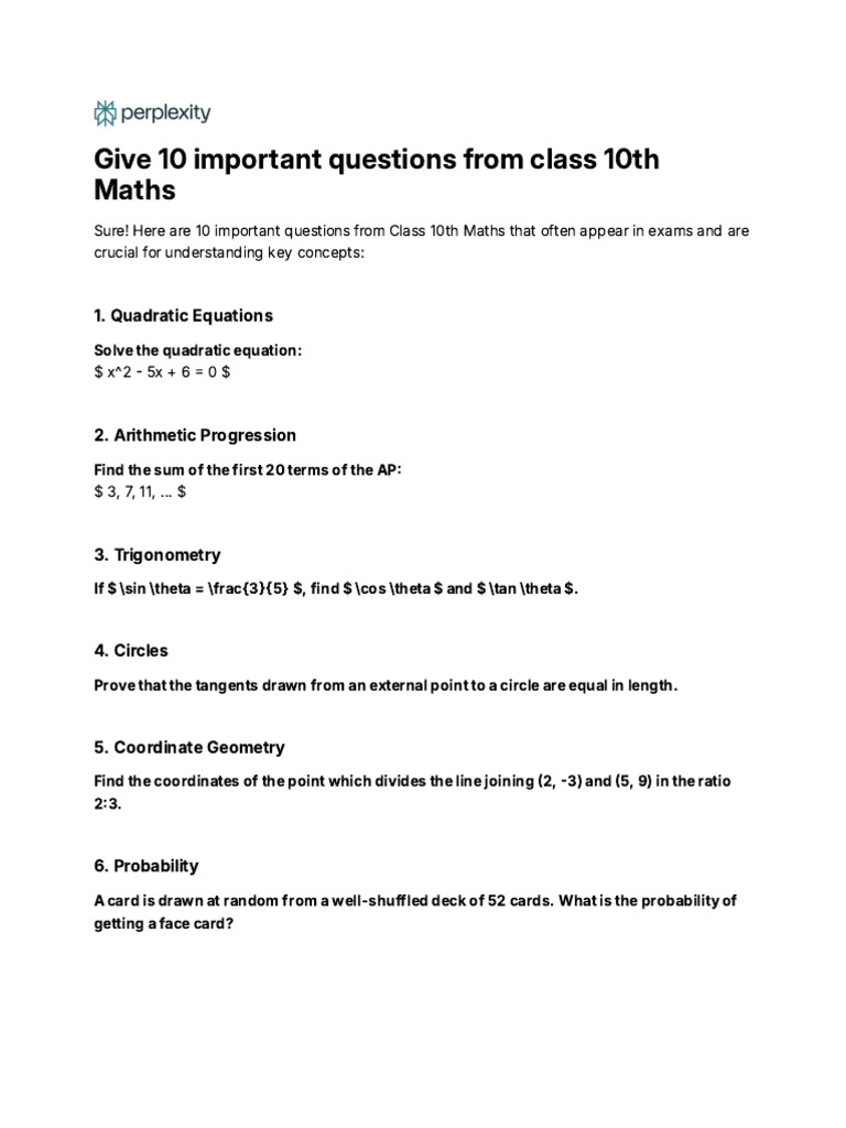 Key Class 10 Maths Questions | PDF