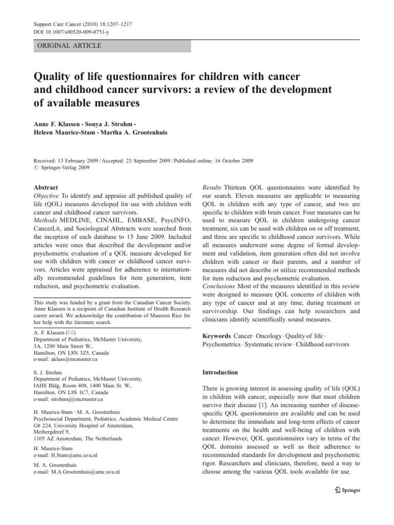 Quality of Life Measures for Childhood Cancer | PDF | Validity ...
