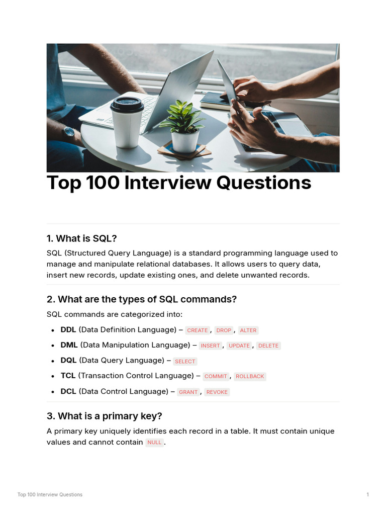 Top 100 SQL Interview Questions | PDF | Acid | Database Index