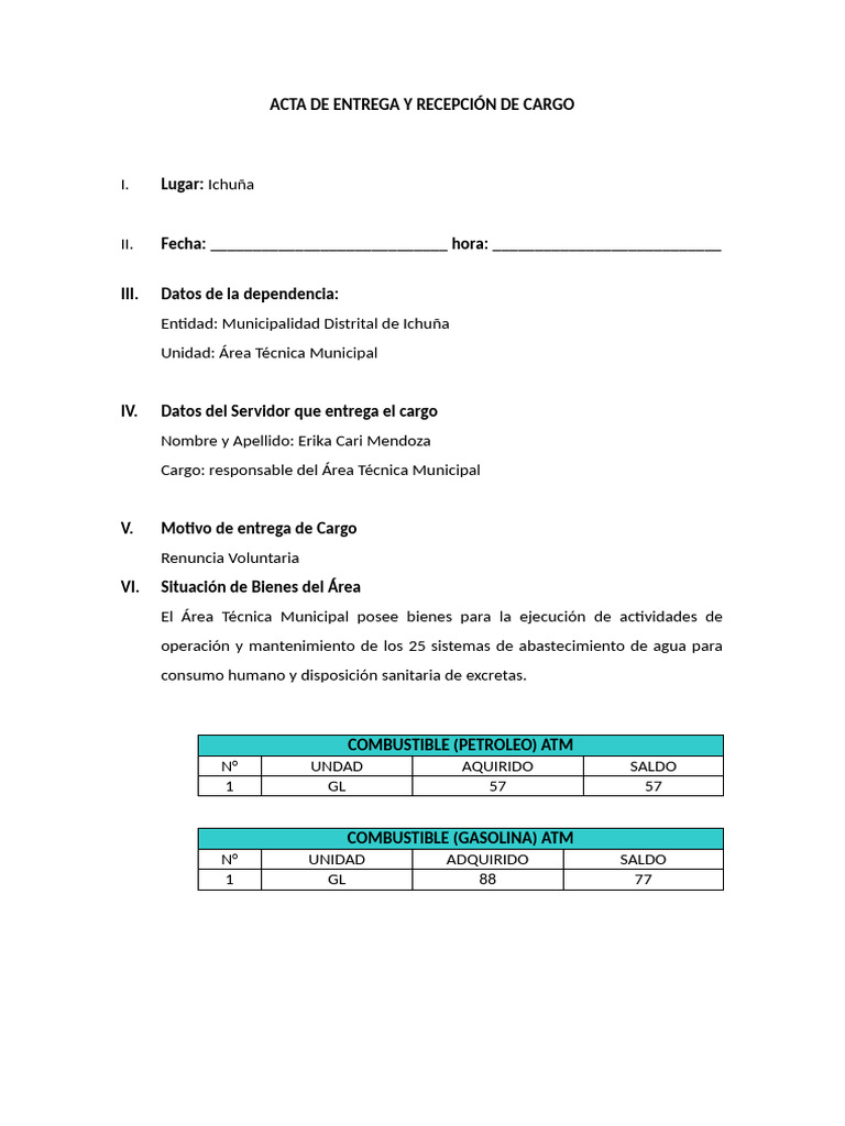 Acta de Entrega de Cargo Municipal | PDF | Sustancias químicas | Cloro