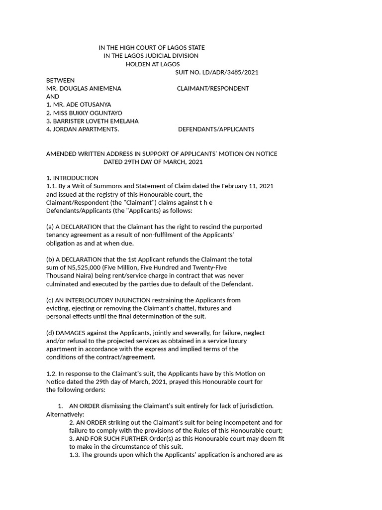 Amended Written Address | PDF | Lawsuit | Alternative Dispute Resolution