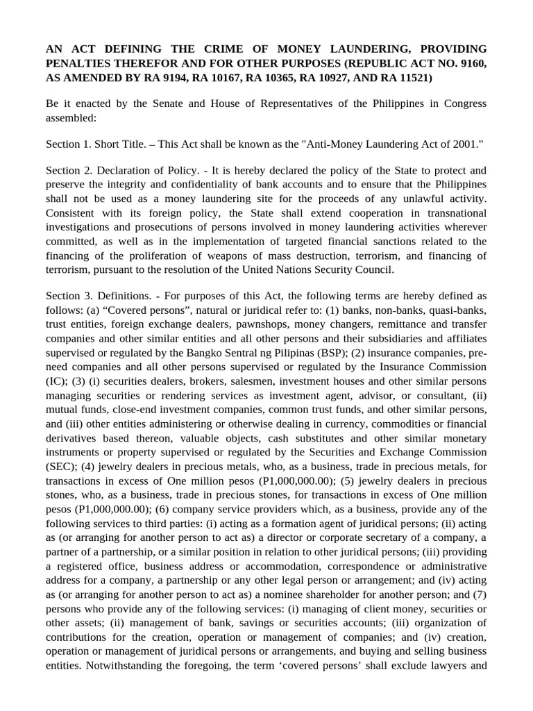 An Act Defining The Crime of Money Laundering | PDF | Securities ...