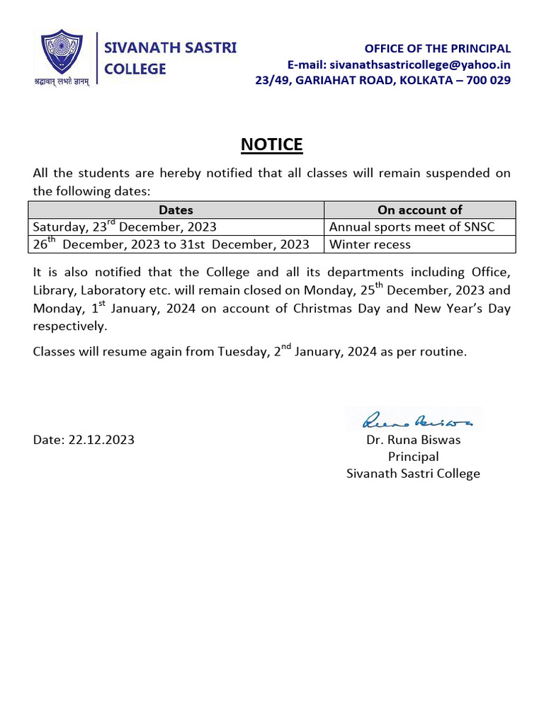 Sivanath Sastri College Class Suspension Notice | PDF