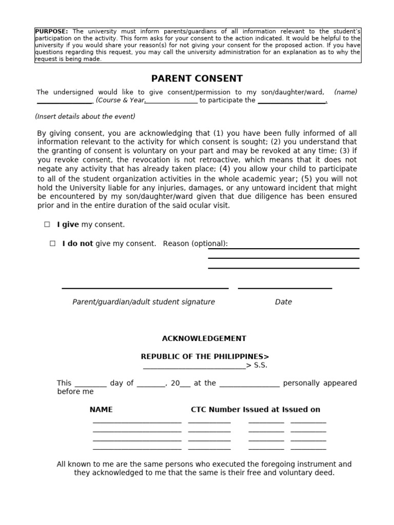 Parent Consent Form for Student Activities | PDF | Consent | Justice