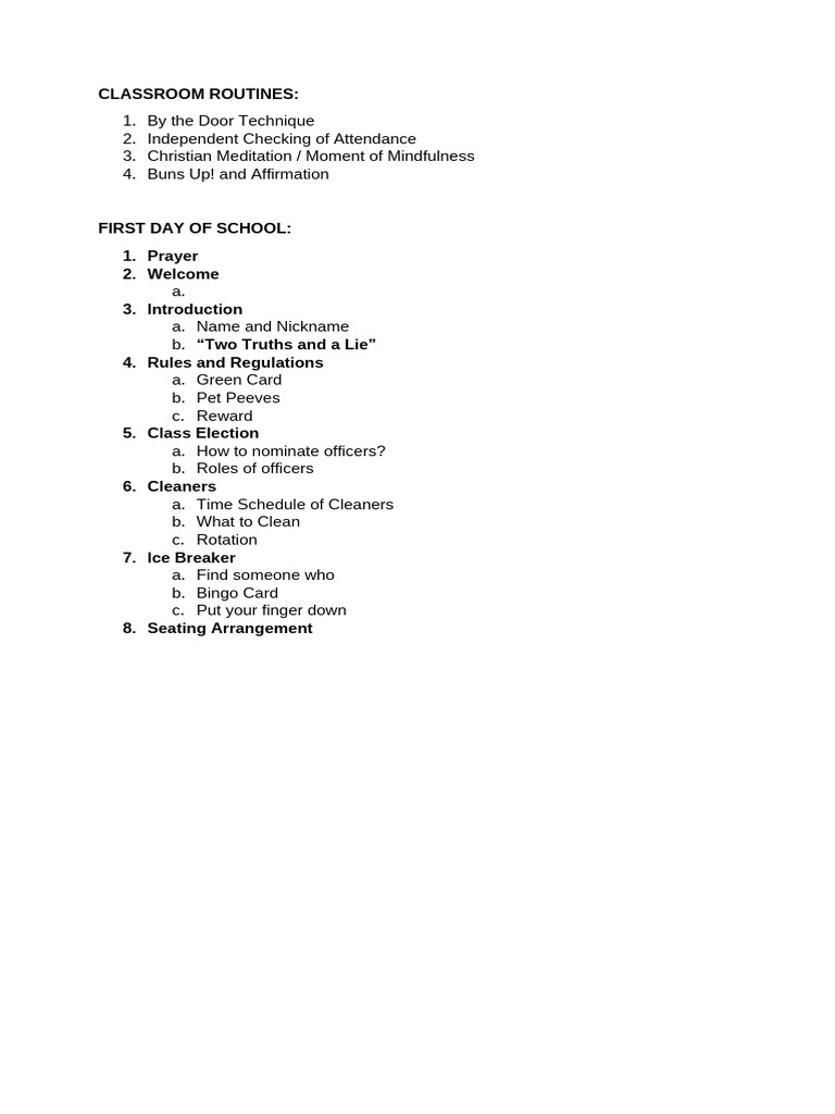 Classroom Routines and First Day Activities | PDF