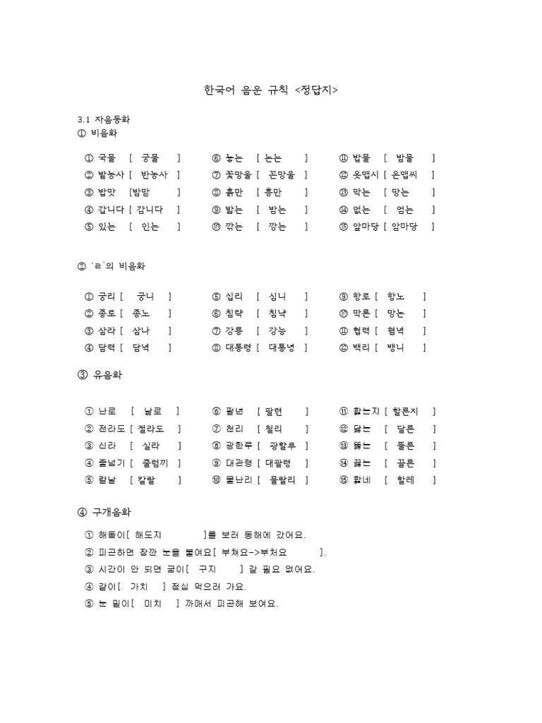 한국어음운규칙 특강 - 정답지 | PDF
