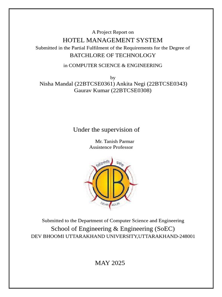Hotel Management System Project Report | PDF | Databases | Software Testing