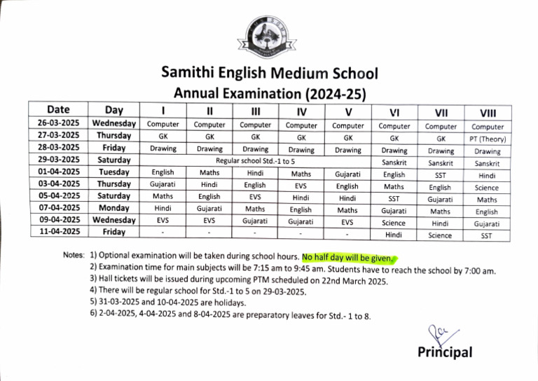 Samithi School Annual Exam Schedule 2025 | PDF
