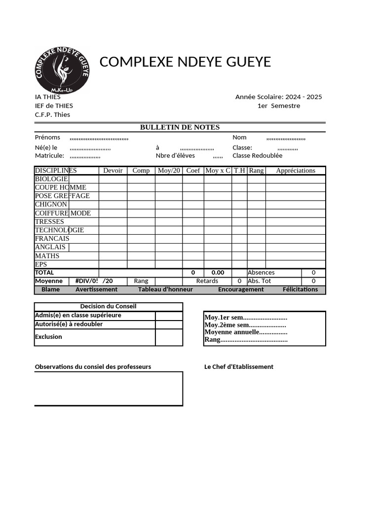 Bulletin de notes 2024-2025 Thies | PDF