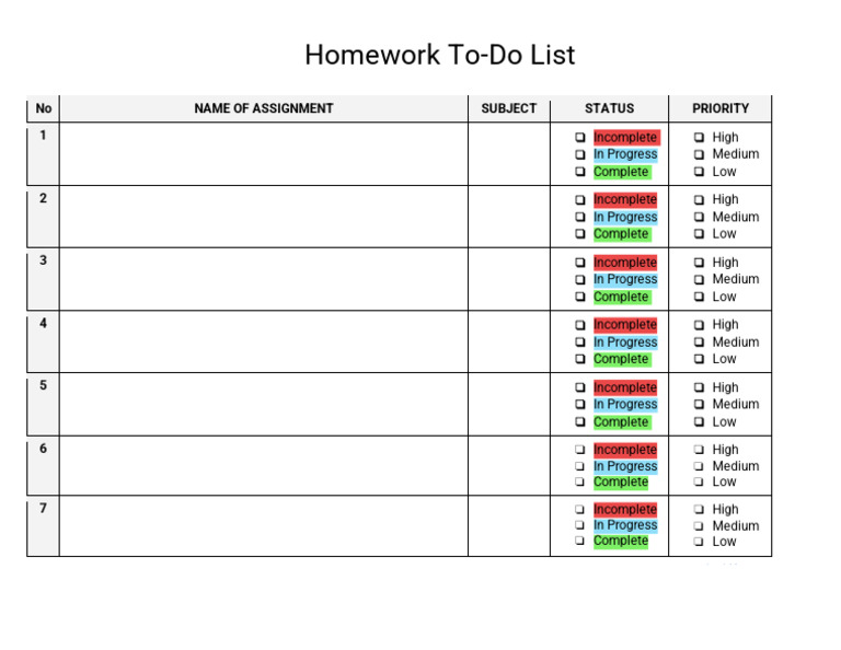 Homework To-Do List Template | PDF