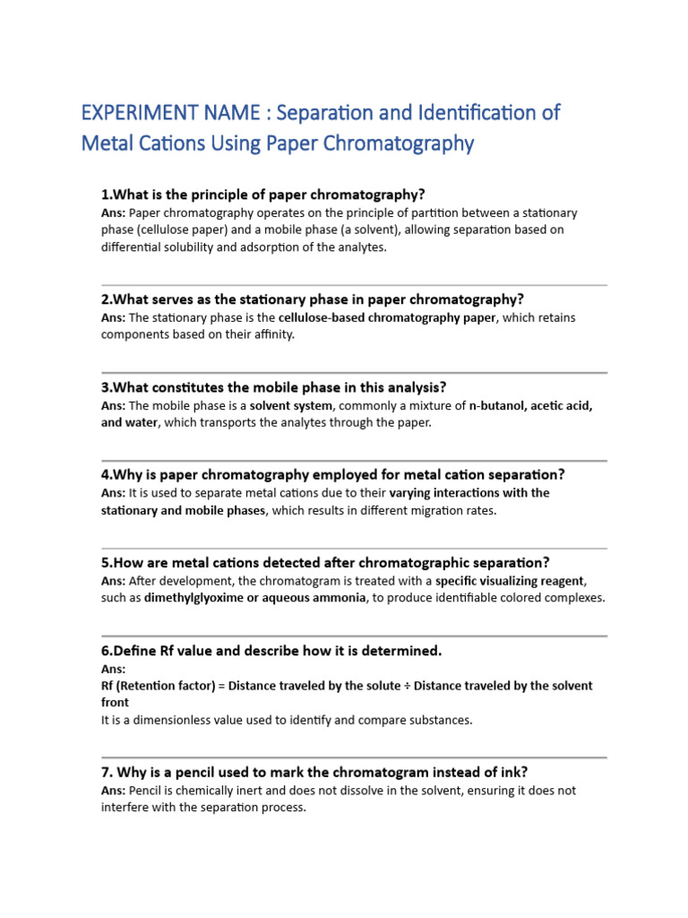 Practical Question Bank of Paper Chromatography For Metal Cation | PDF