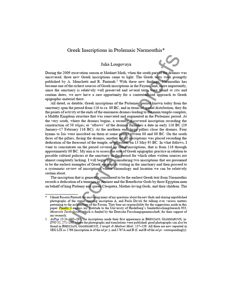 Greek Inscriptions in Narmouthis | PDF | Epigraphy | Ptolemaic Kingdom