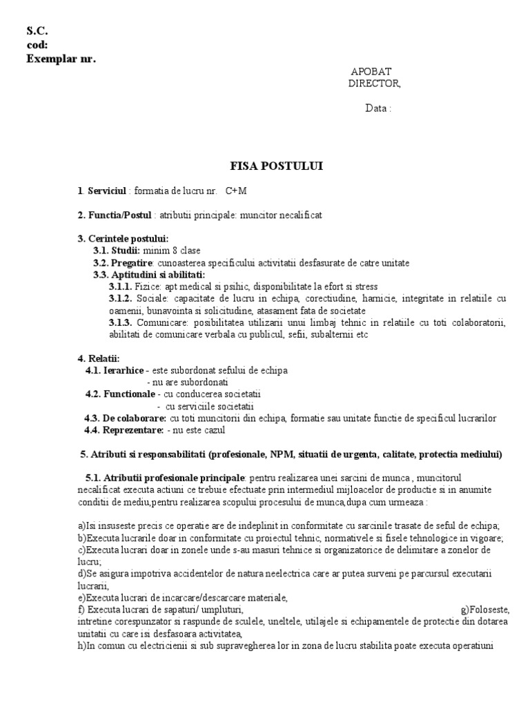 Muncitor Necalificat Constructii 6. FISA POSTULUI Muncitor Necalificat Profil Electric