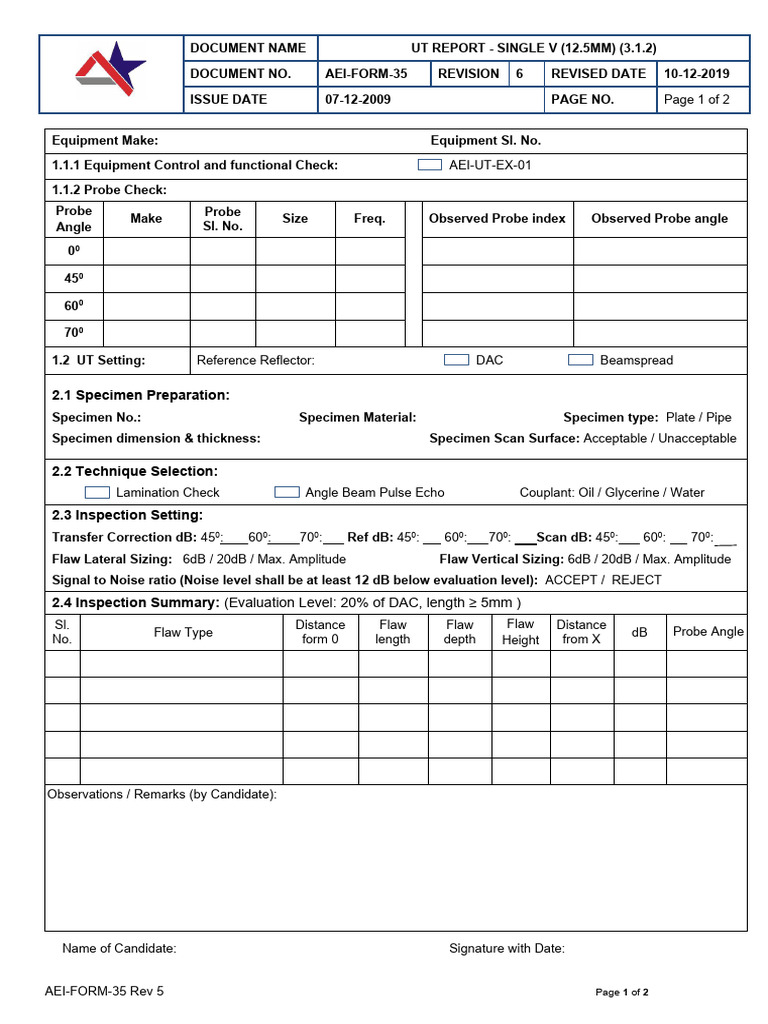 UT Report for Single V Equipment | PDF | Applied And Interdisciplinary ...
