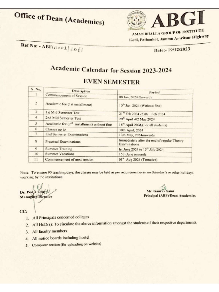 Academic Session Calender 2023 2024 Even Semester | PDF
