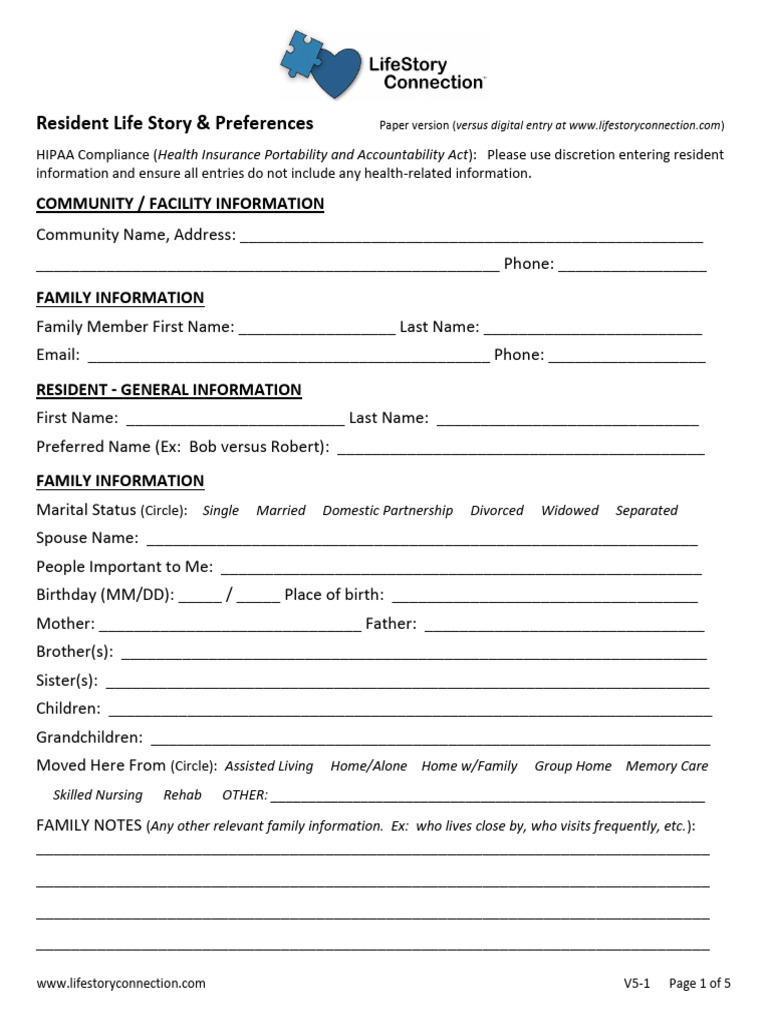 Resident Life Story Preferences Form | PDF | Pet | Spirituality