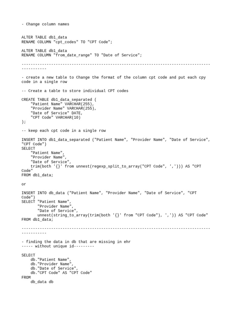 Rename Columns and Separate CPT Codes | PDF