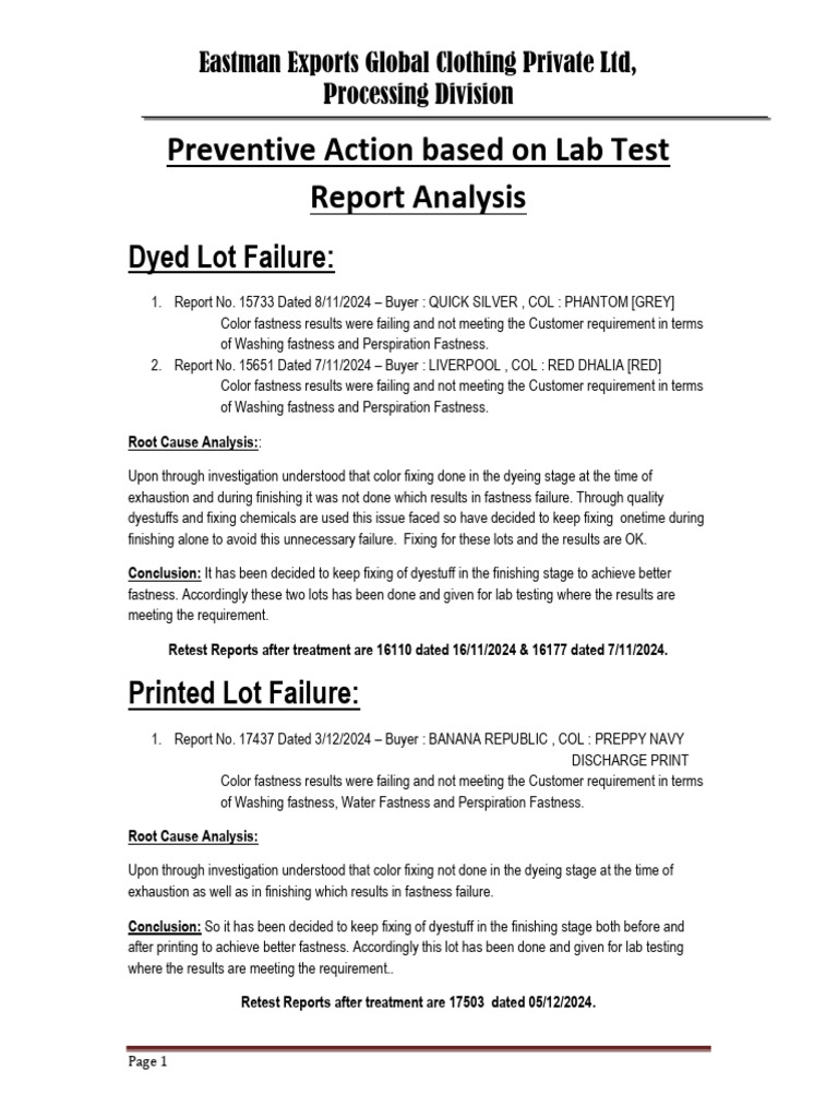 Preventive Action Based On Lab Test Report | PDF