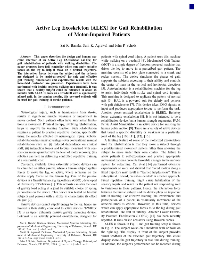ALEX: Active Exoskeleton for Gait Rehab | PDF | Physical Therapy | Force