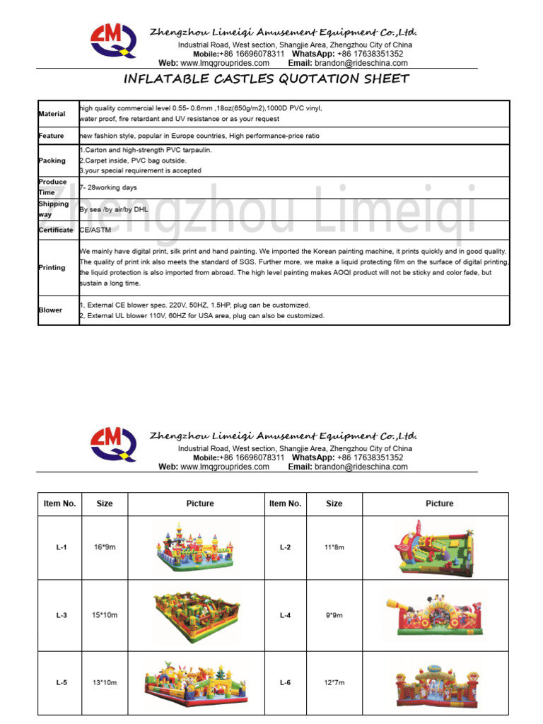Limeiqi Inflatables Quotation Sheet | PDF