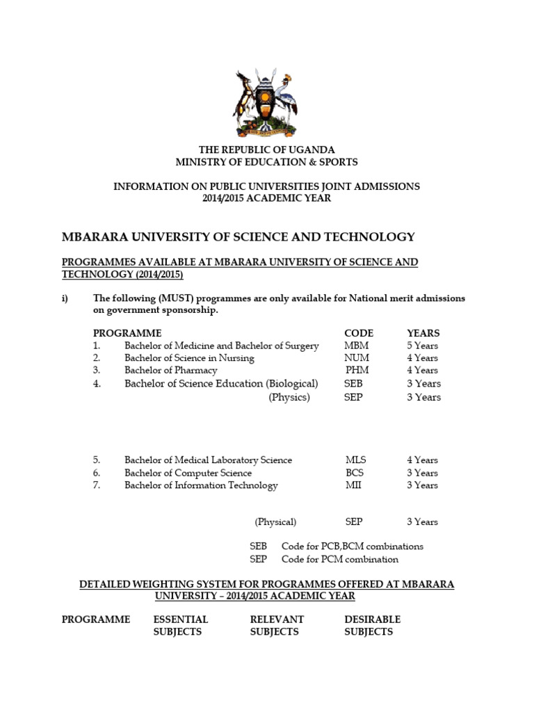 Mbarara University Admission Programs 2014 | PDF | Bachelor Of Science ...