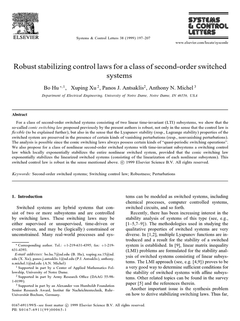 B Hu 1999 Robust Stabilizing Control Laws For A Class of Second-Order ...