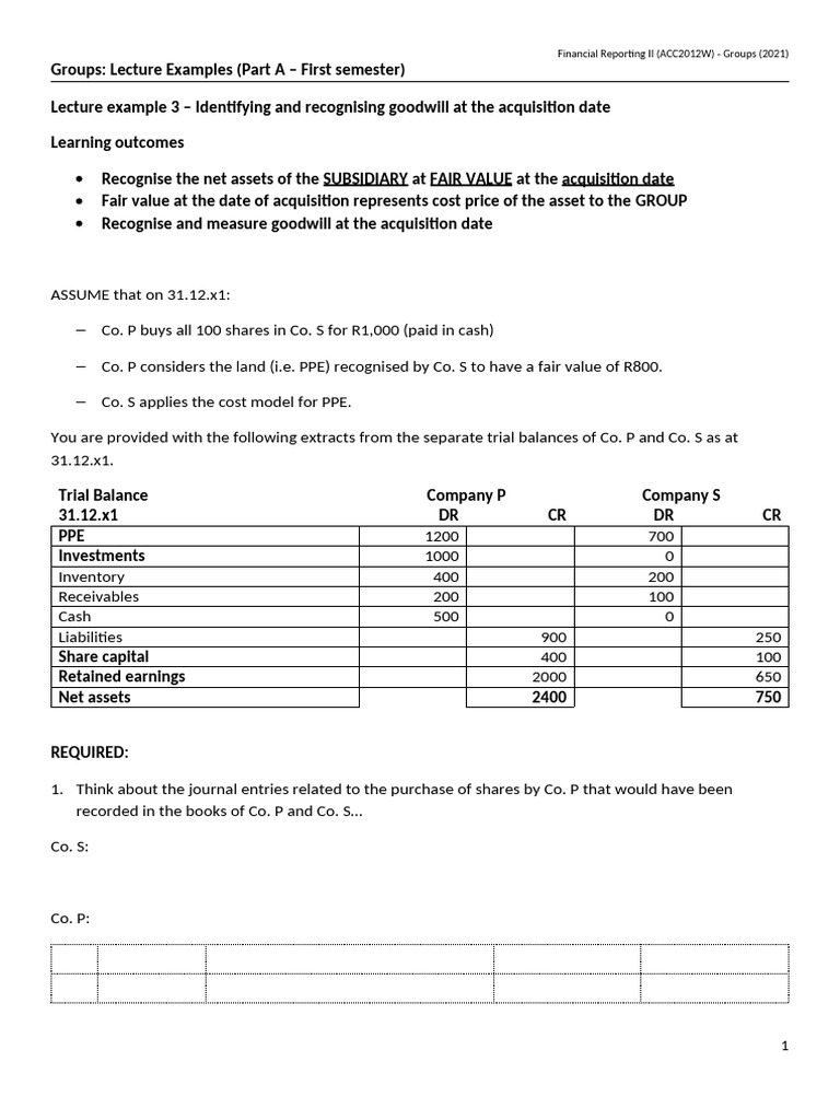 Lecture+example+3 - GS Week 1 | PDF | Goodwill (Accounting) | Fair Value