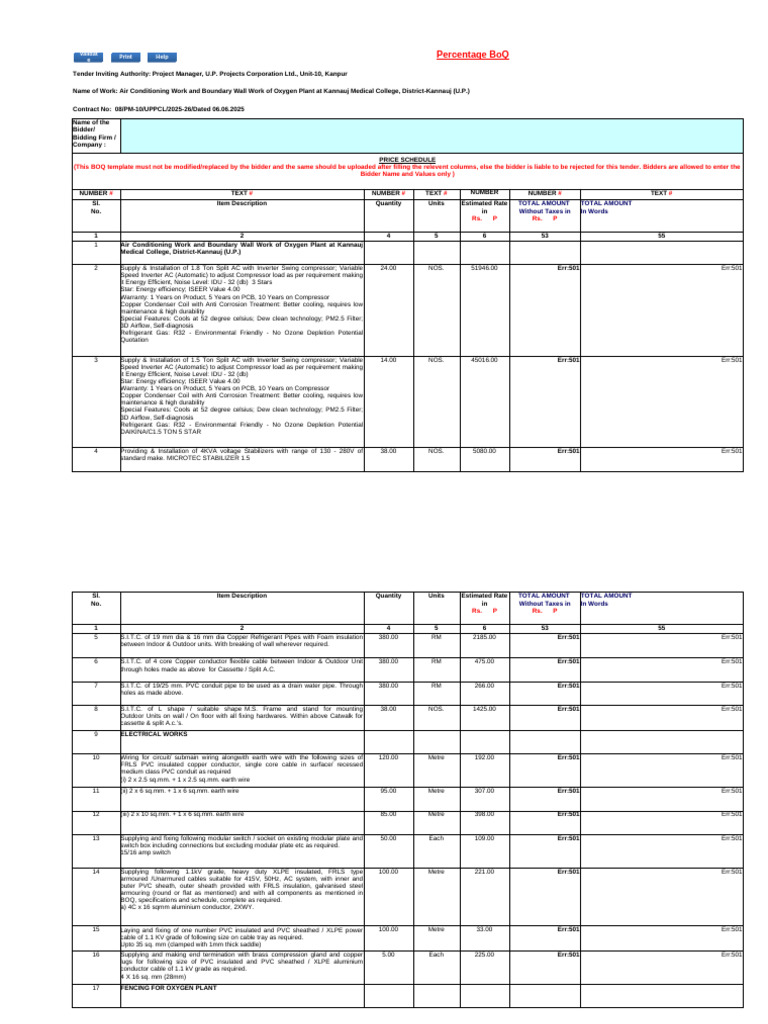 BoQ for Oxygen Plant AC & Fencing Work | PDF | Electrical Wiring | Concrete