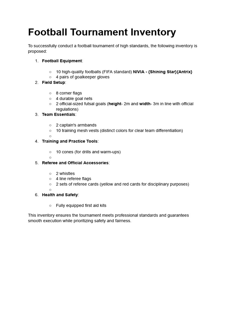 Football Tournament Equipment Inventory | PDF