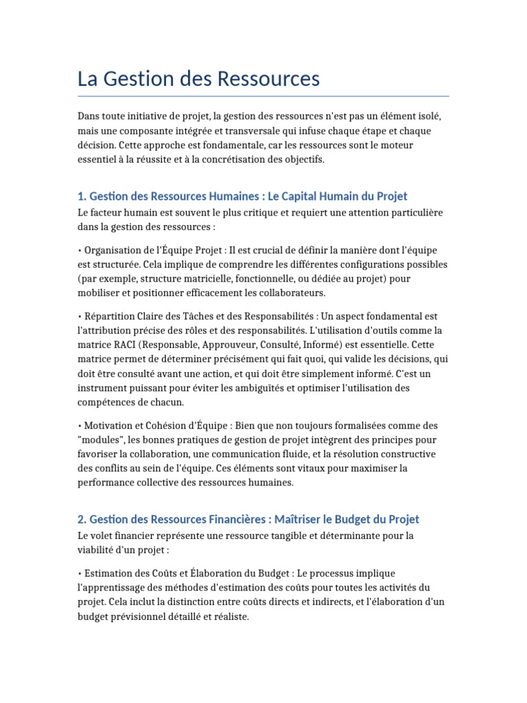 Gestion des Ressources de Projet | PDF | Gestion des ressources ...