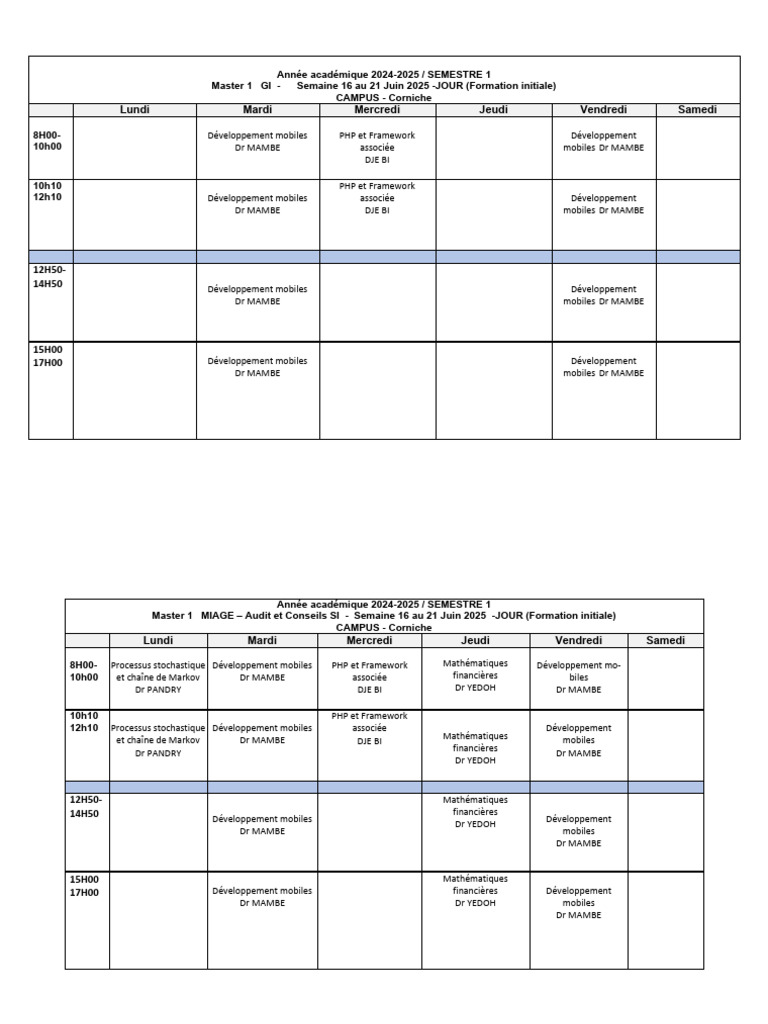 Emploi du temps Master 2024-2025 | PDF | Données | Informatique