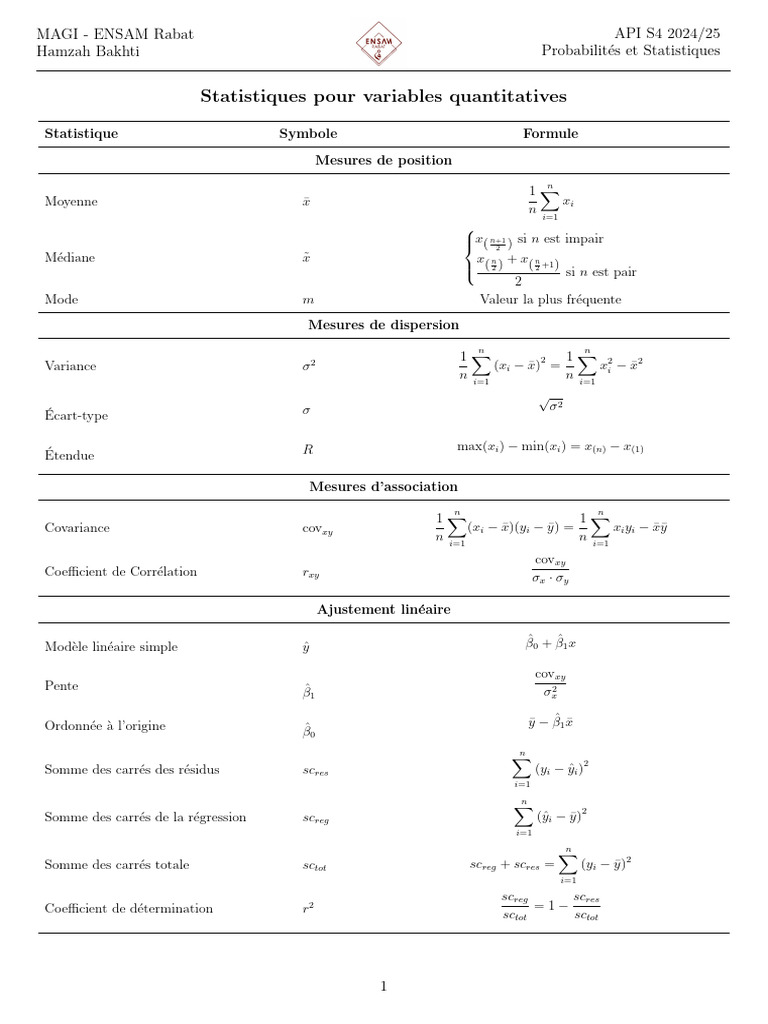 Formules de Statistiques Descriptives | PDF | Régression linéaire ...