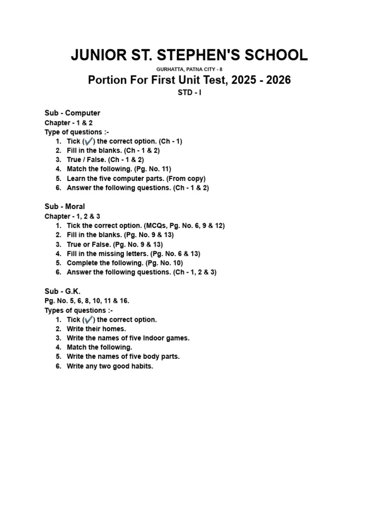 Unit Test Guide for Std I Students | PDF