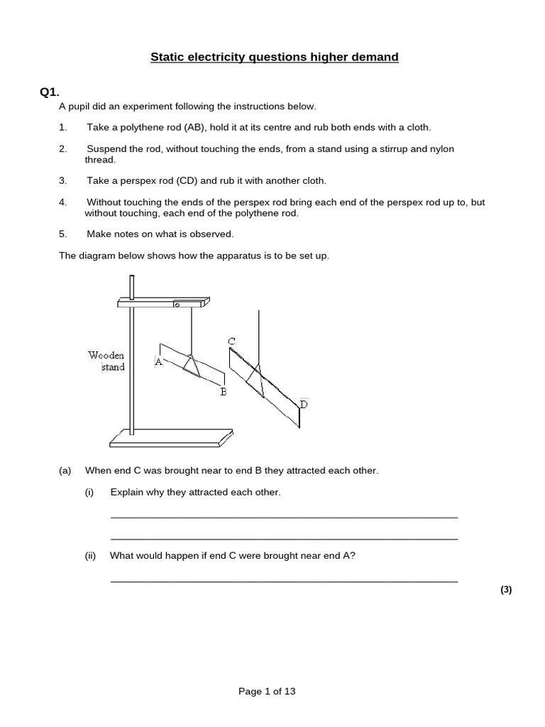 Static Electricity Experiment Questions | PDF | Electric Charge ...