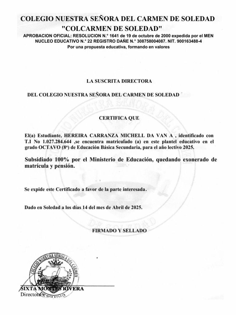Certificado de Matricula Escolar 2025 | PDF