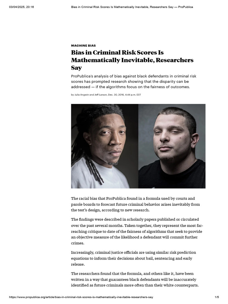 Bias in Criminal Risk Scores Is Mathematically Inevitable, Researchers ...