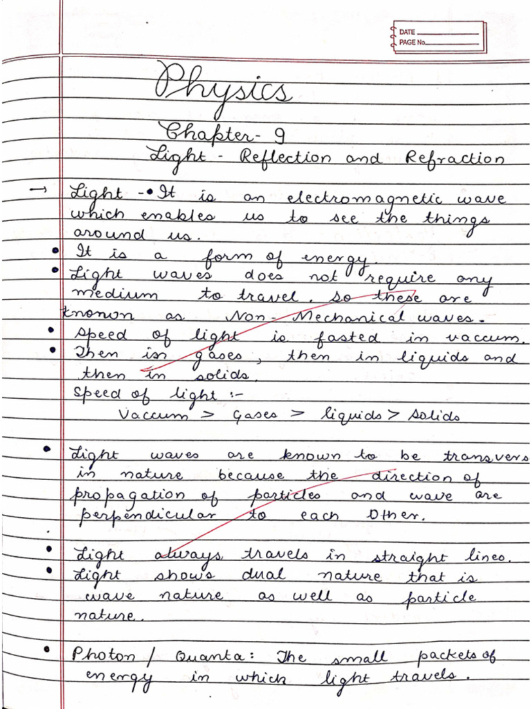 Classroom Notes of Chapter Light | PDF
