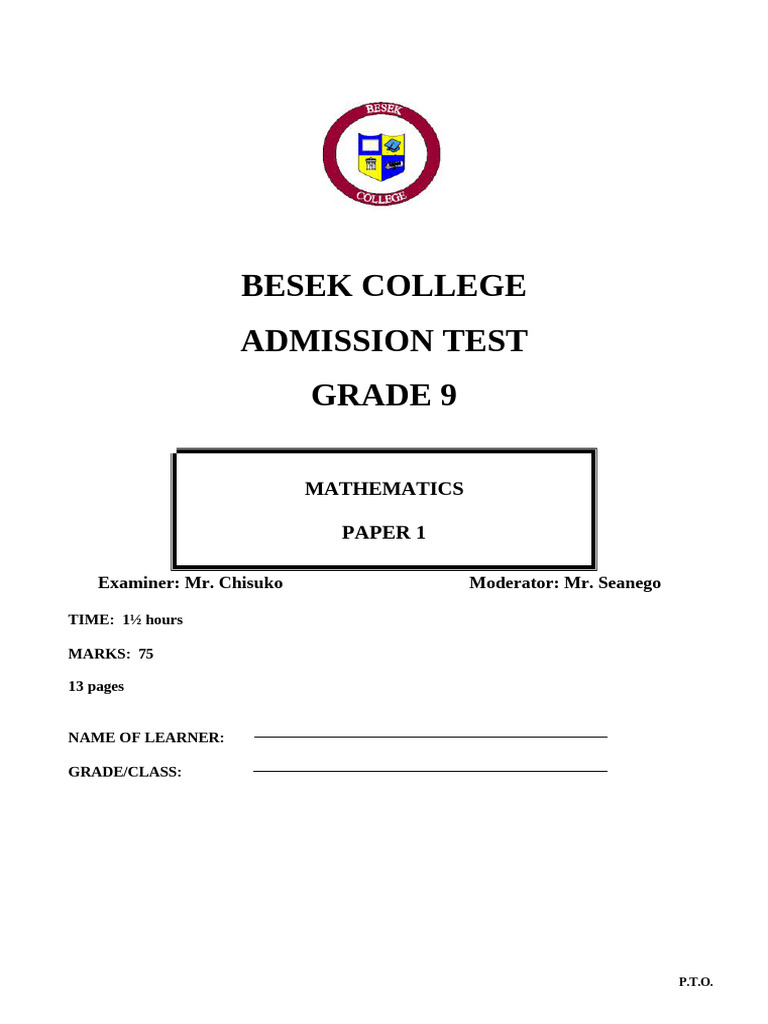 Besek College Grade 9 Math Test | PDF | Interest | Equations