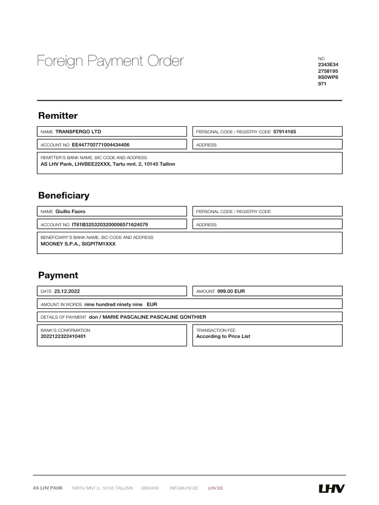 Payment Order 622410401 | PDF