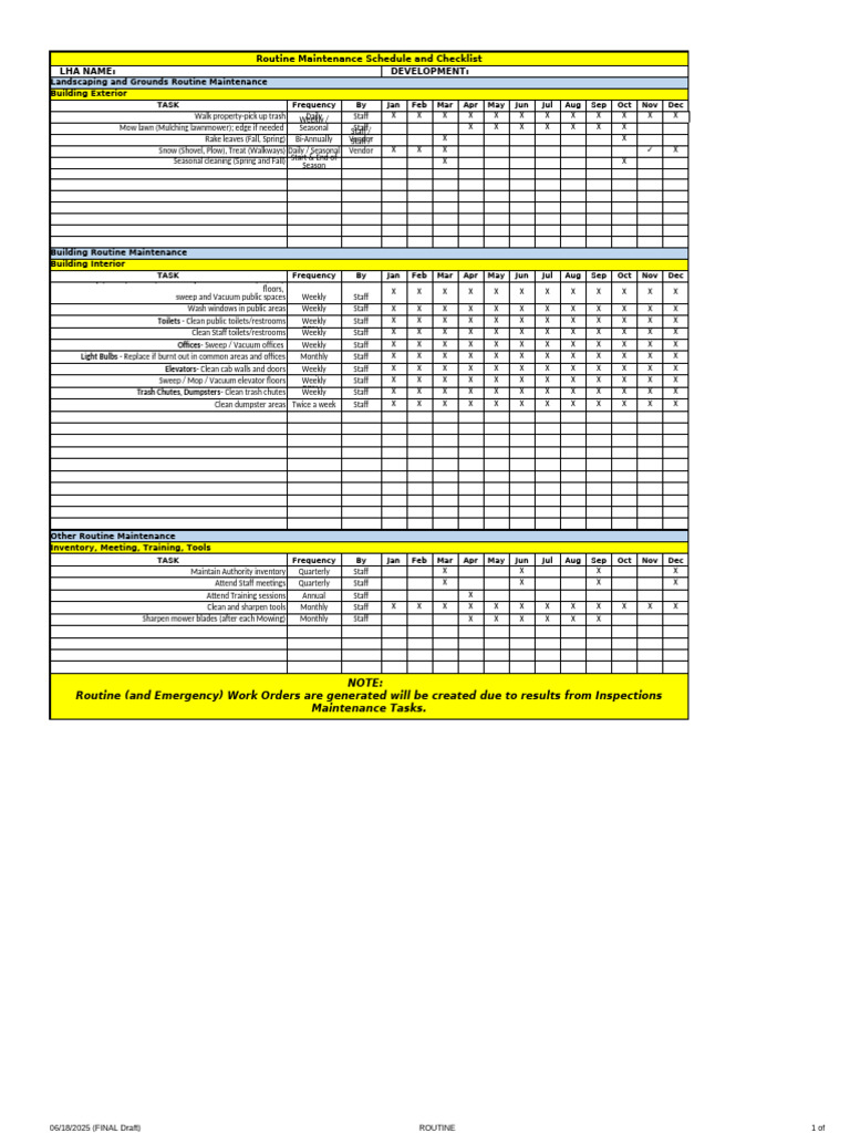 Routine Maintenance Schedule Checklist | PDF | Kitchen | Leak