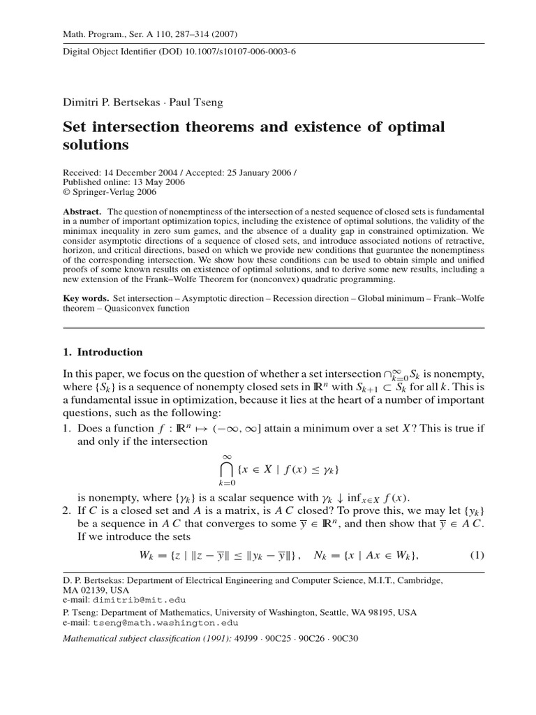 Set Intersection Theorems in Optimization | PDF | Convex Set | Vector Space