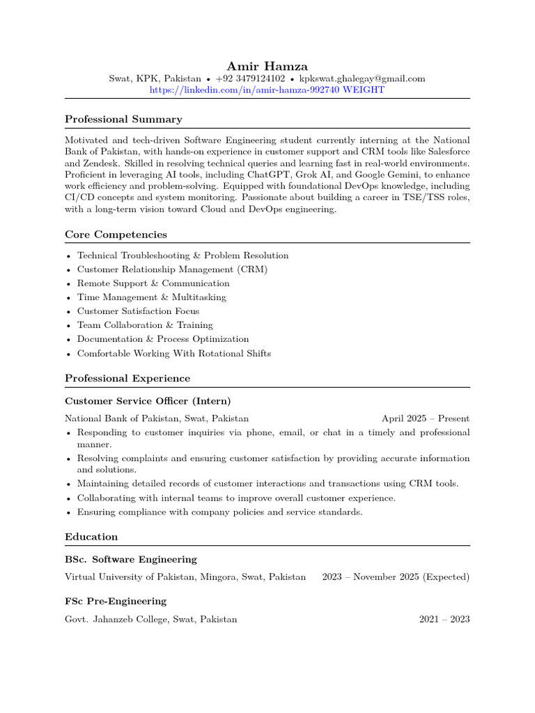 Software Engineering Intern Profile | PDF | Customer Relationship ...