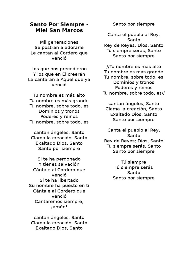 Letra de "Santo Por Siempre" - Miel San Marcos | PDF