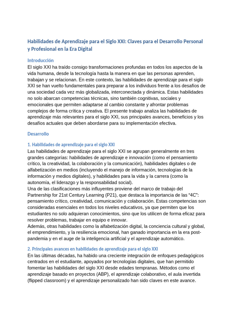 Habilidades Clave del Siglo XXI | PDF | Enseñando | Aprendizaje