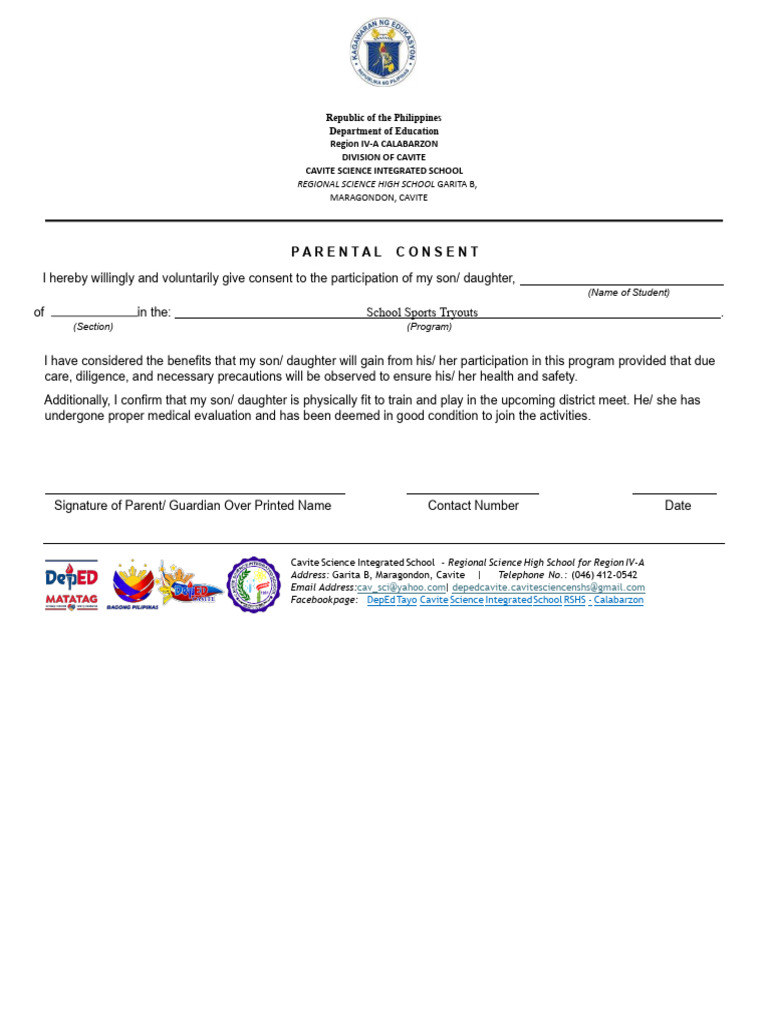 Parent Permission Waiver for Sports Tryouts | PDF