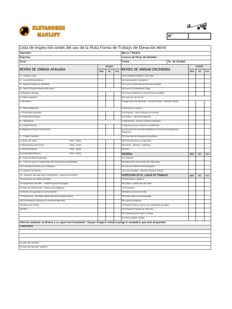 Checklist Inspeccion Manlift - Table 1 | PDF | Vehículos | Vehículo de ...