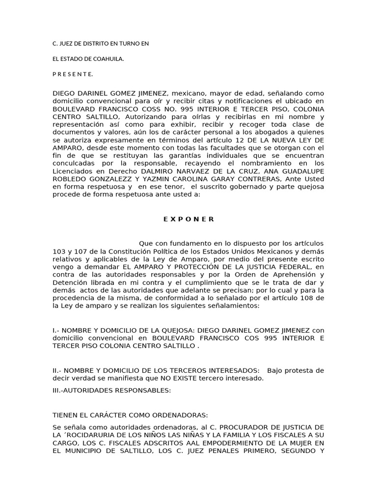Amparo contra orden de aprehensión en Coahuila | PDF | Violación ...