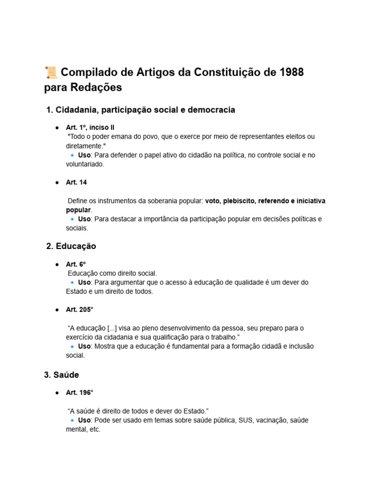 Artigos da Constituição de 1988 para Redação | PDF | Constituição ...