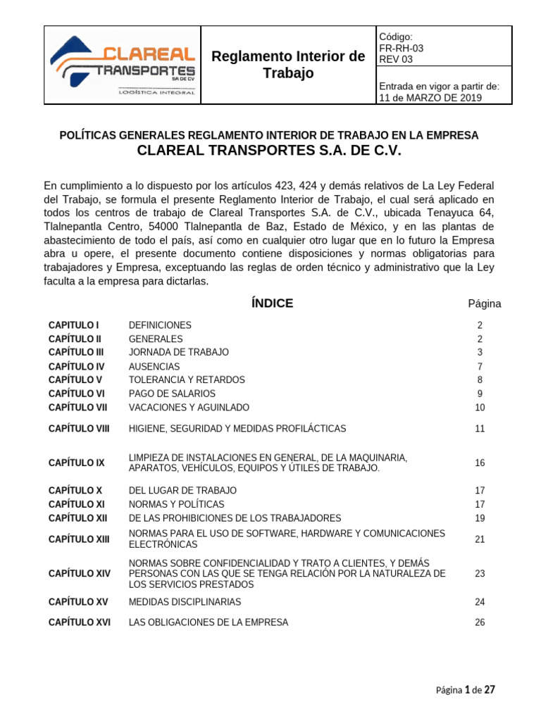 Reglamento Interior de Trabajo Clareal Transportes | PDF | Salario ...